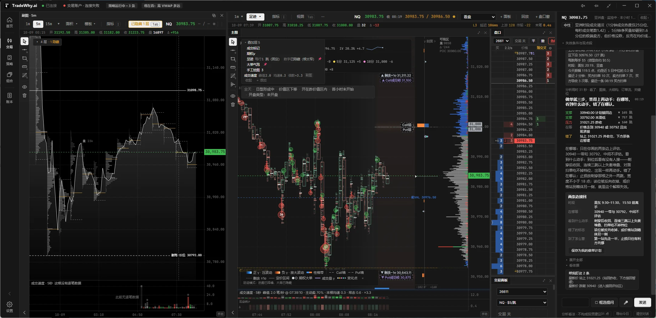 TradeWhy.ai 真机工作台：左侧 NQ 5 分钟走势与成交量分布，中间 1 分钟足迹图与逐单盘口，右侧 AI 判断面板