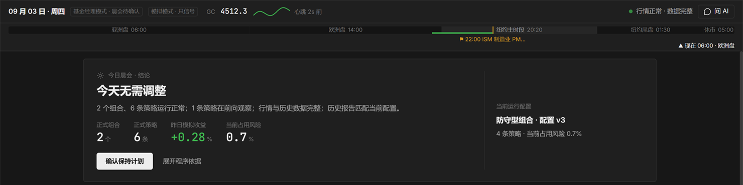 TradeWhy 软件首页：显示正式组合、正式策略数量、当前占用风险与当前运行配置